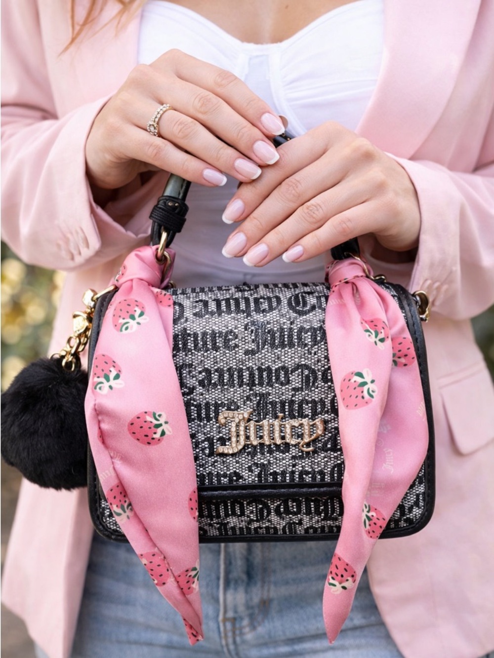 Juicy Couture Black Beige Flap Crossbody Set‎ Strawberry Scarf Pom NIB